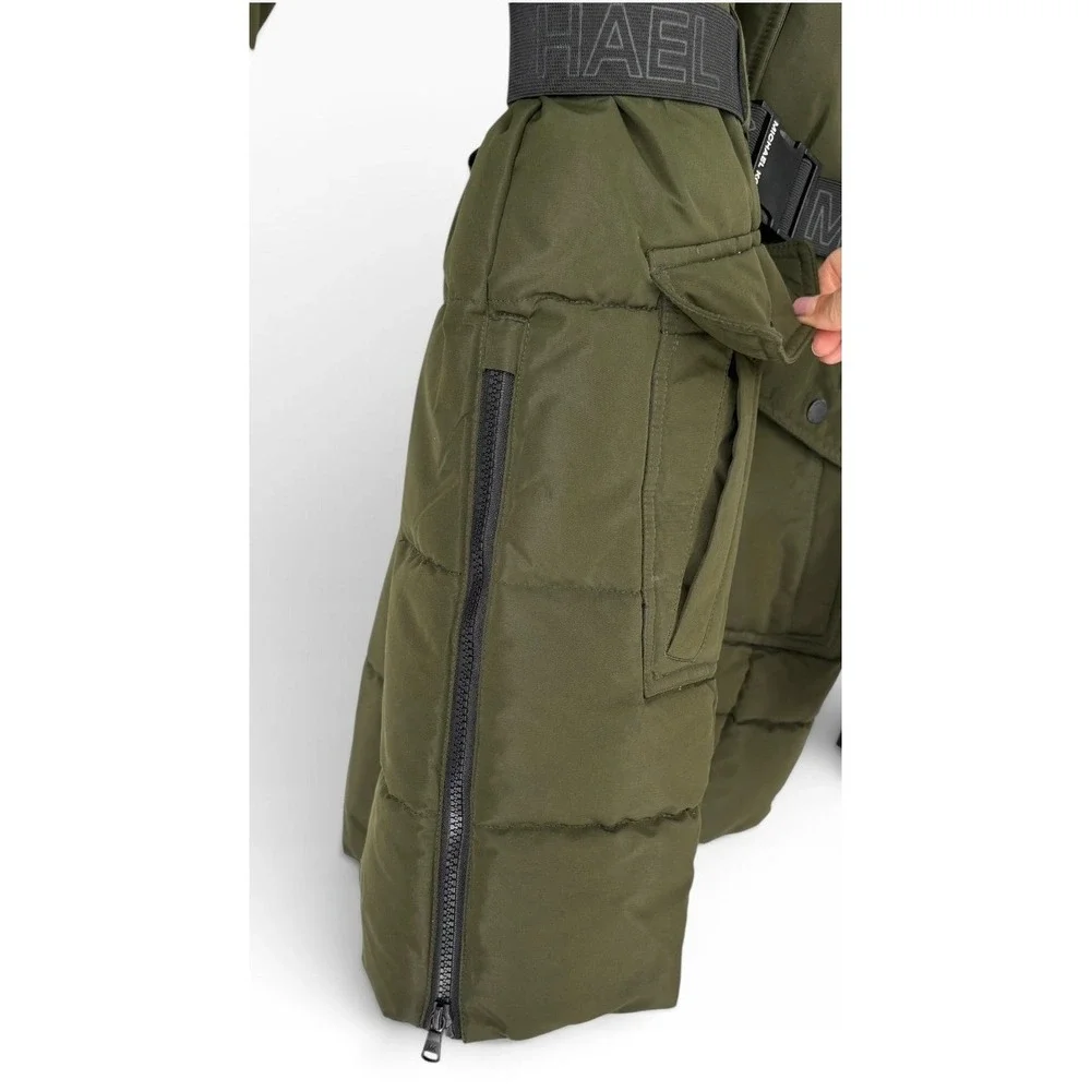 Michael Kors Puffer Parka Women Large Olive Green Belted Faux Fur Hood